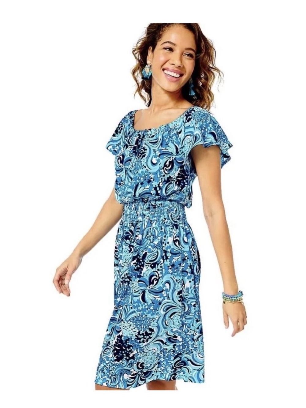 Lilly Pulitzer Blue & White Print Flutter Sleeve Dress